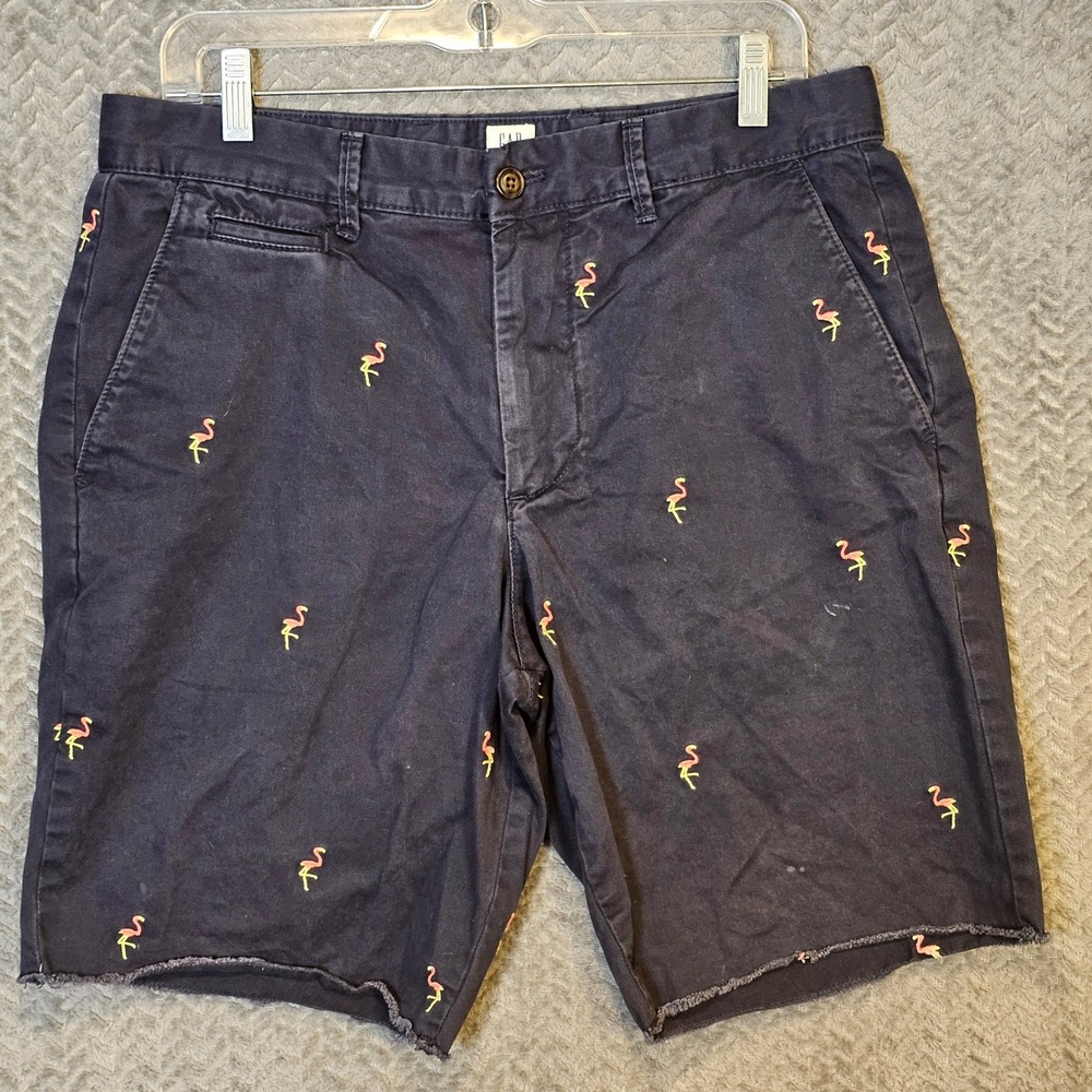 Gap Mens Navy Blue Flamingo Embroidered Cotton Chino Shorts Raw Hem‎ Size 31